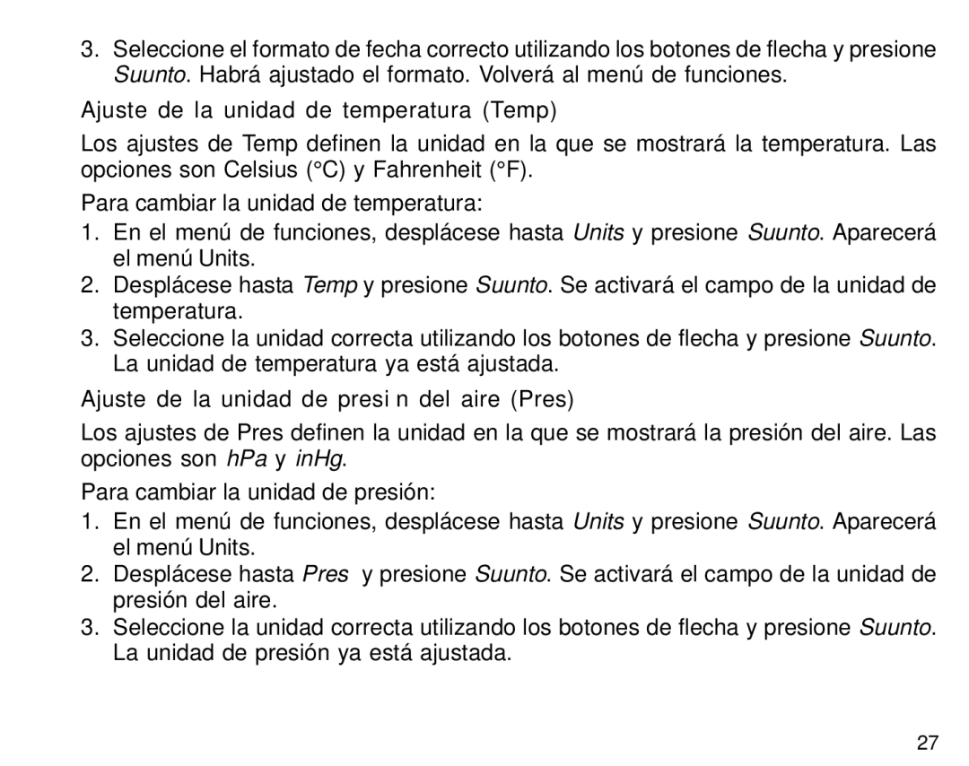 Suunto S6 manual Ajuste de la unidad de temperatura Temp, Ajuste de la unidad de presión del aire Pres 