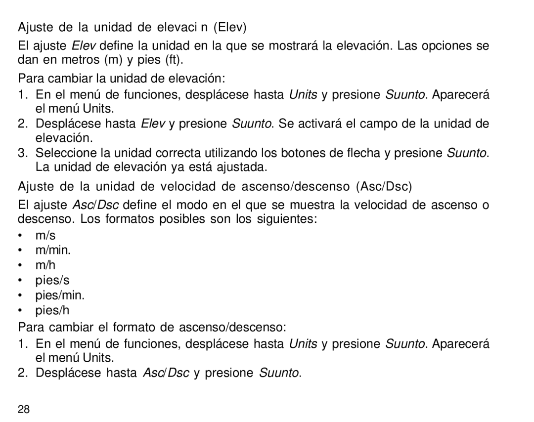 Suunto S6 manual Ajuste de la unidad de elevación Elev, Ajuste de la unidad de velocidad de ascenso/descenso Asc/Dsc 