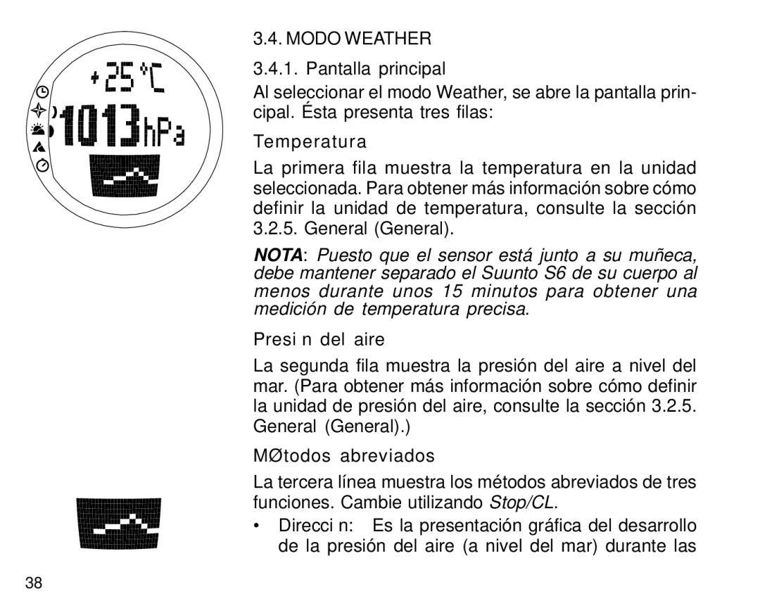 Suunto S6 manual Modo Weather, Temperatura, Presión del aire 