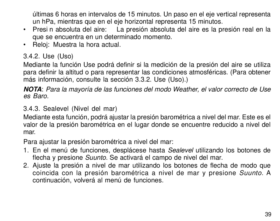 Suunto S6 manual Use Uso, Sealevel Nivel del mar 