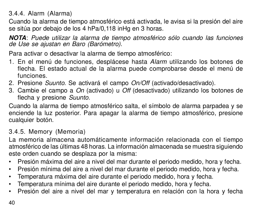 Suunto S6 manual Alarm Alarma, Memory Memoria 