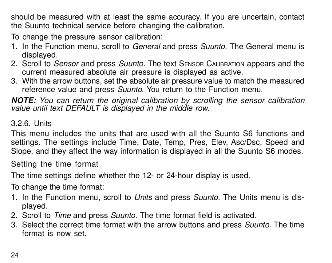 Suunto S6 manual Units, Setting the time format 