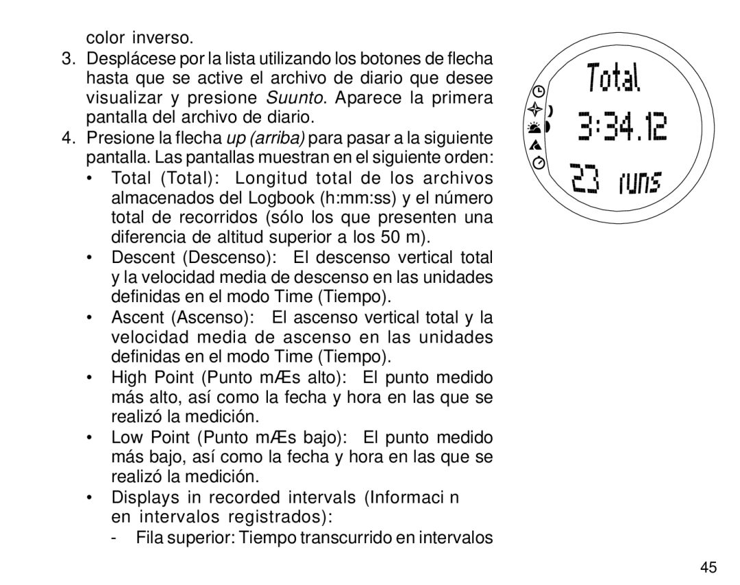 Suunto S6 manual Fila superior Tiempo transcurrido en intervalos 