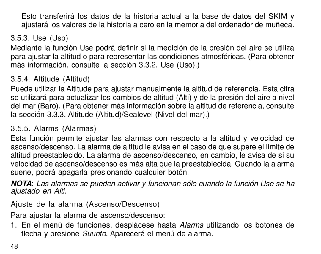 Suunto S6 manual Altitude Altitud, Alarms Alarmas, Ajuste de la alarma Ascenso/Descenso 