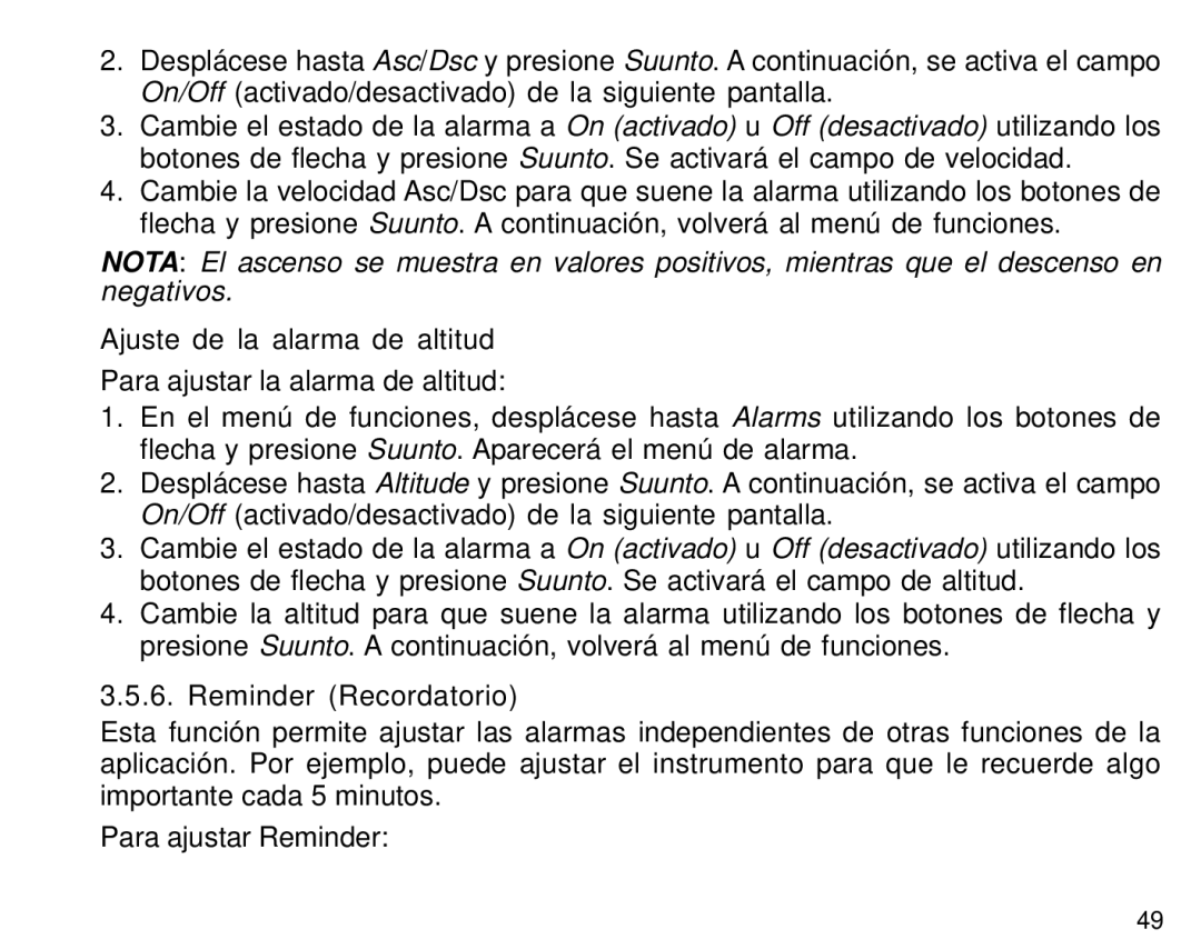 Suunto S6 manual Ajuste de la alarma de altitud, Reminder Recordatorio 