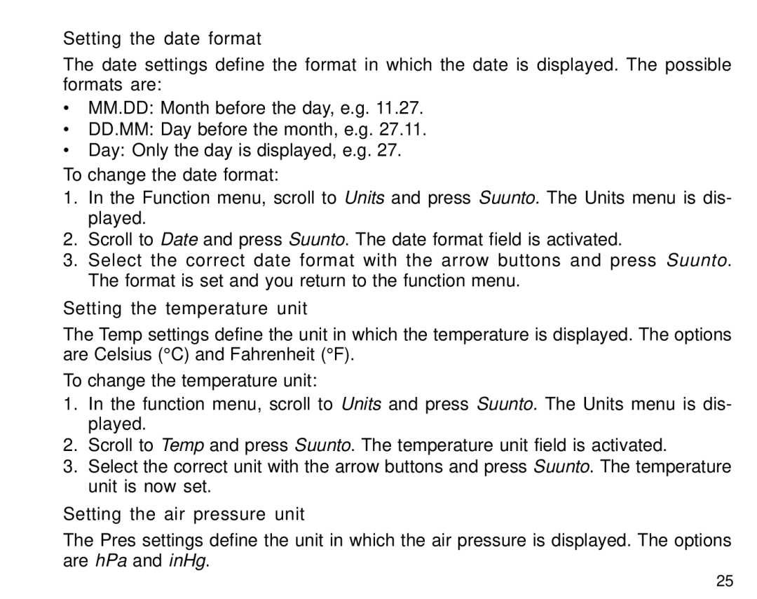 Suunto S6 manual Setting the date format, Setting the temperature unit, Setting the air pressure unit 