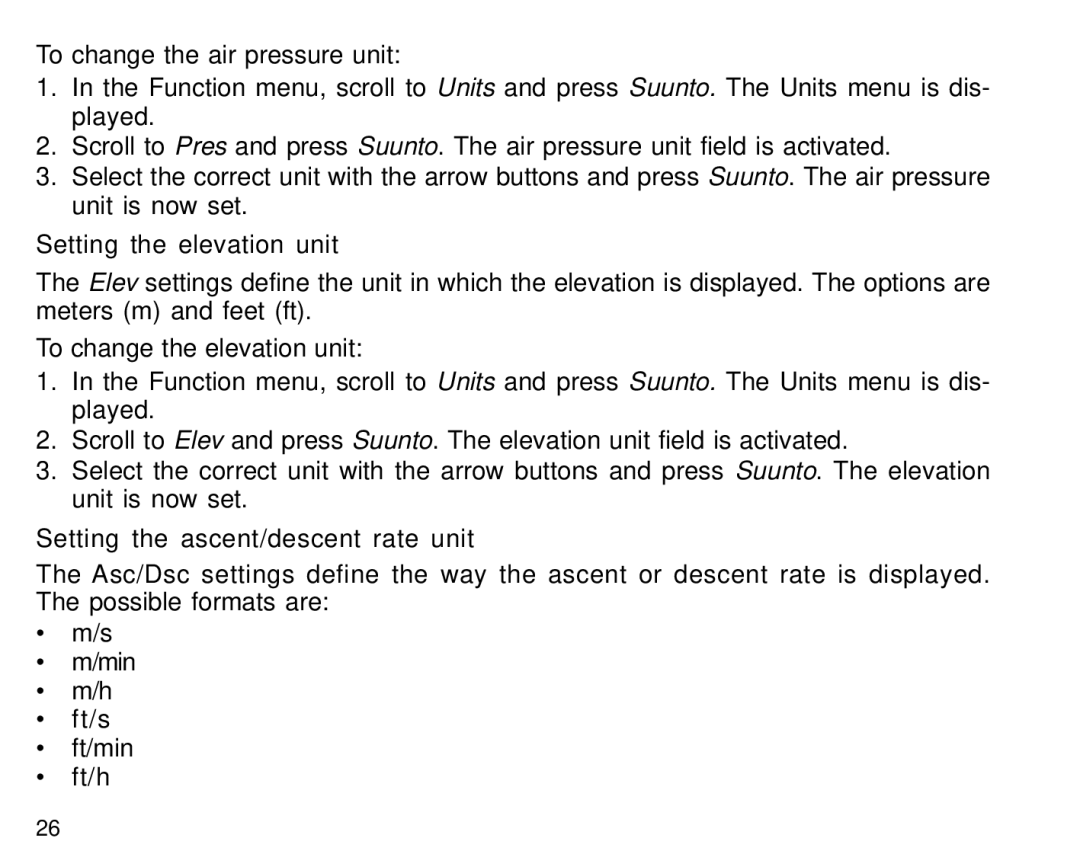 Suunto S6 manual Setting the elevation unit, Setting the ascent/descent rate unit 