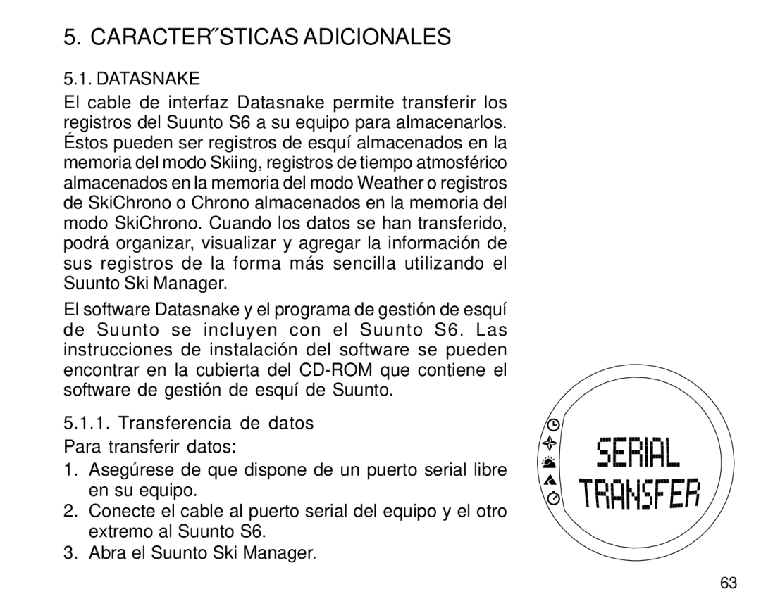 Suunto S6 manual Características Adicionales, Transferencia de datos Para transferir datos 