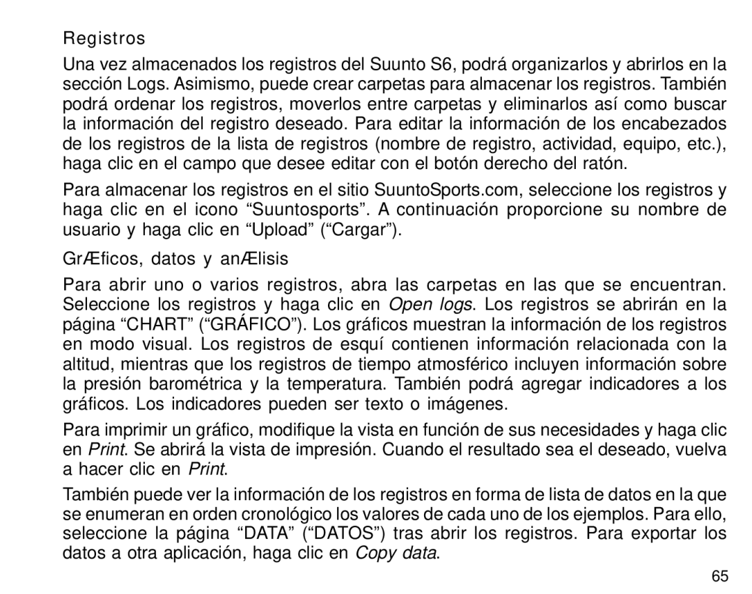 Suunto S6 manual Registros, Gráficos, datos y análisis 