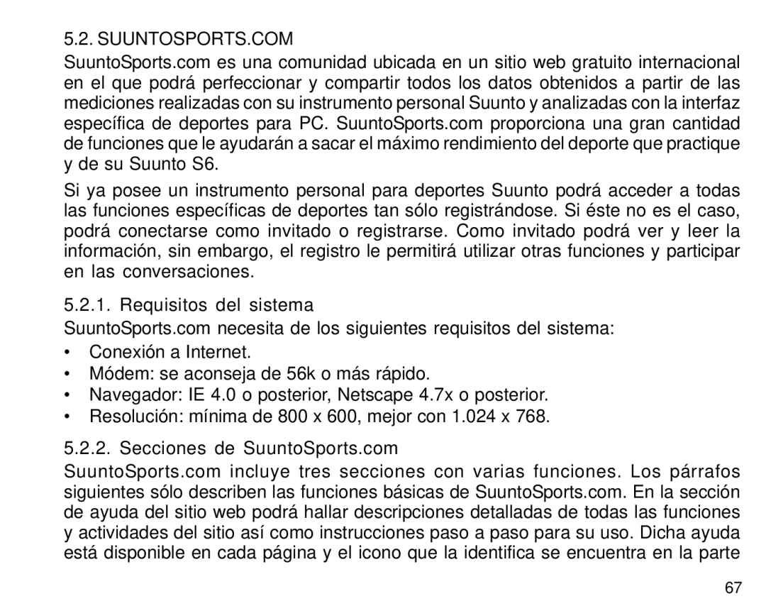 Suunto S6 manual Requisitos del sistema, Secciones de SuuntoSports.com 