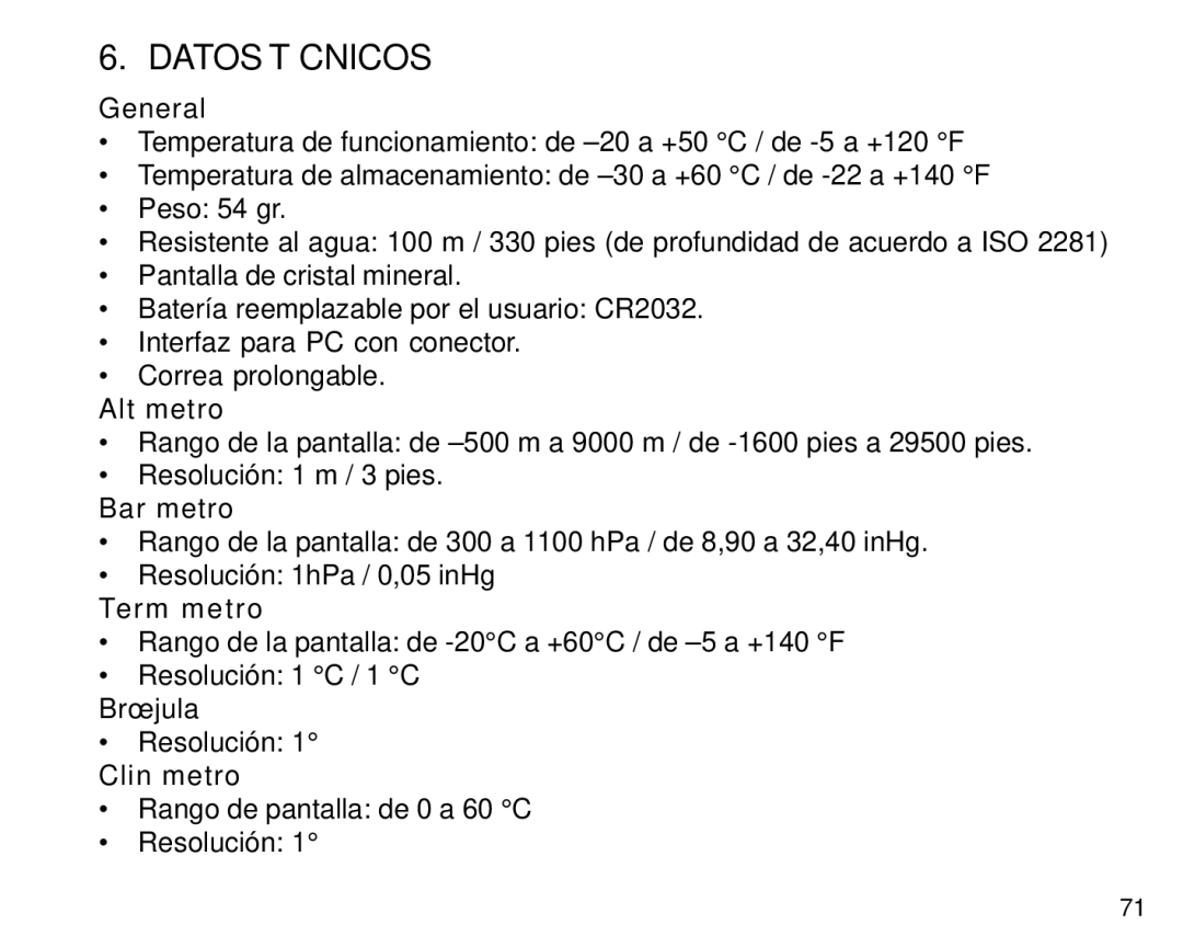 Suunto S6 manual Datos Técnicos, Altímetro, Barómetro, Termómetro, Clinómetro 