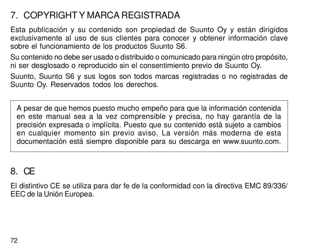 Suunto S6 manual Copyright Y Marca Registrada 