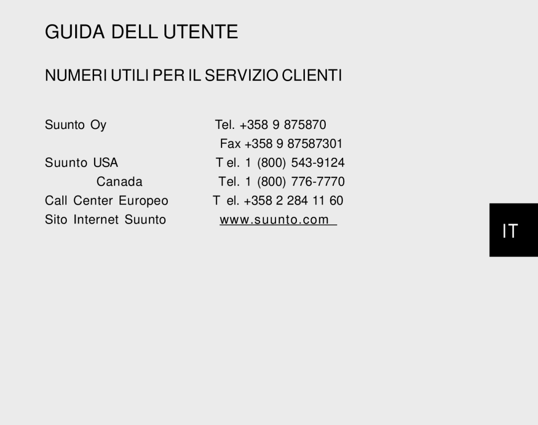 Suunto S6 manual Numeri Utili PER IL Servizio Clienti, Call Center Europeo, Sito Internet Suunto 