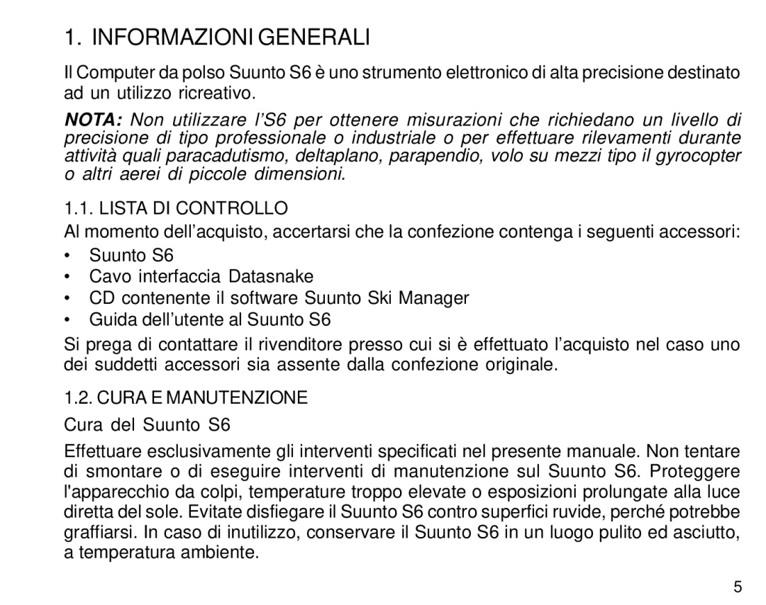 Suunto manual Informazioni Generali, Lista DI Controllo, Cura E Manutenzione Cura del Suunto S6 