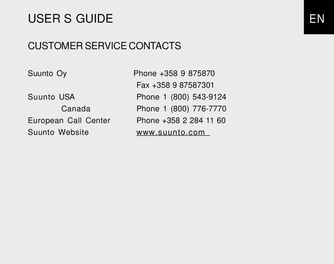 Suunto S6 manual USER’S Guide, Customer Service Contacts 