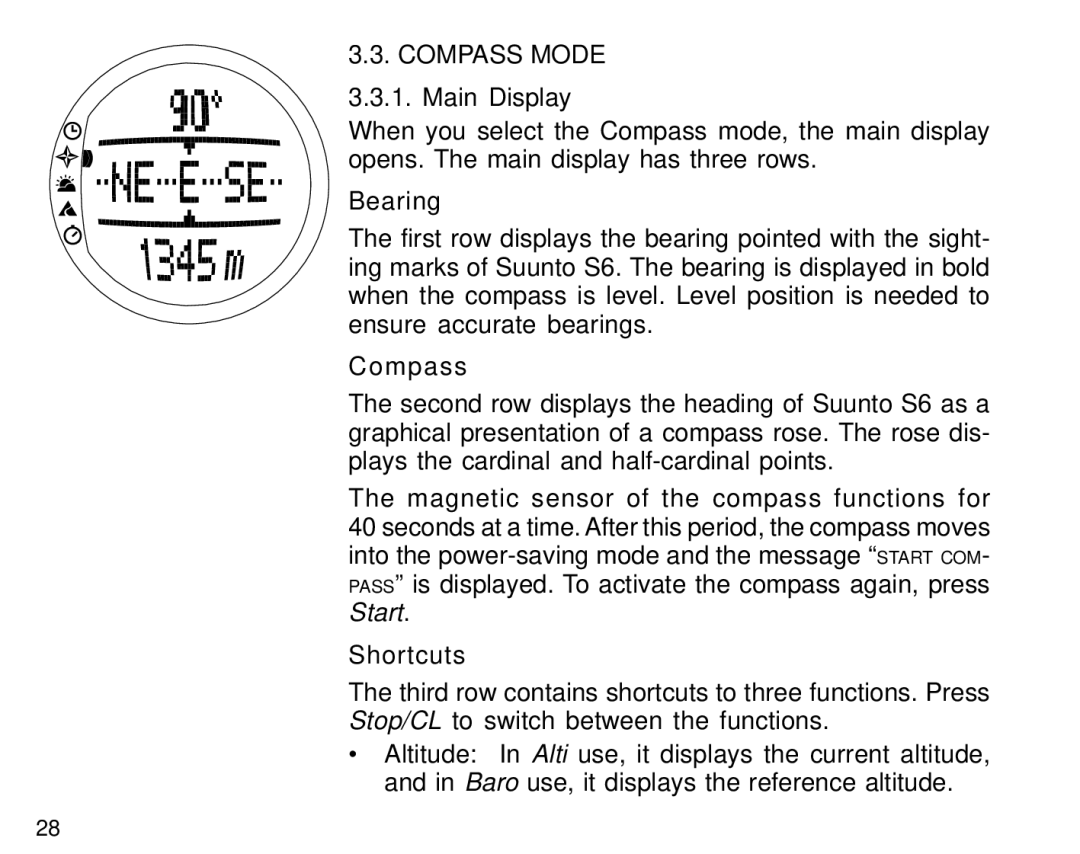 Suunto S6 manual Compass Mode, Bearing 