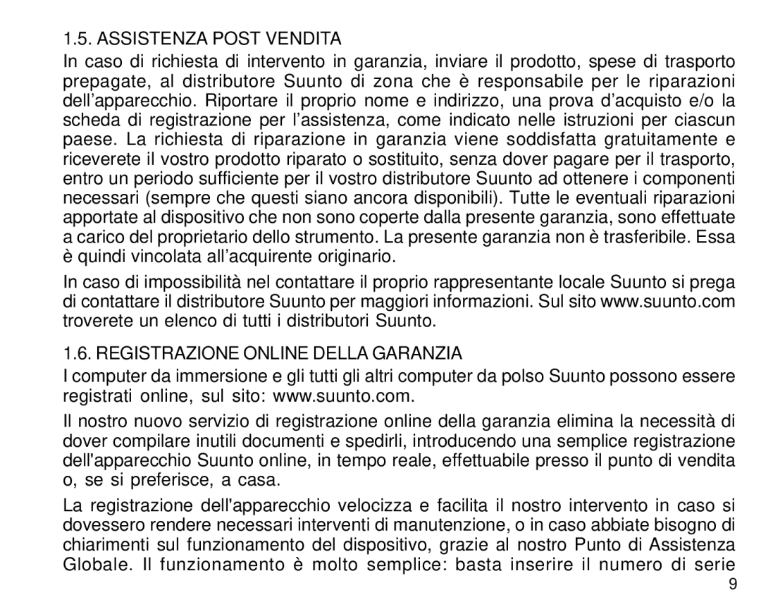 Suunto S6 manual Assistenza Post Vendita, Registrazione Online Della Garanzia 