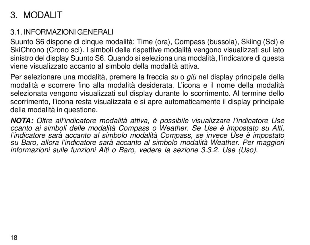 Suunto S6 manual Modalità, Informazioni Generali 