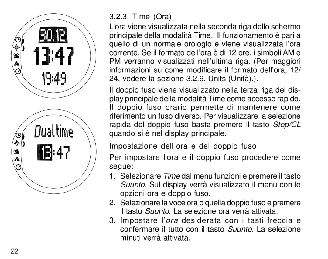 Suunto S6 manual Time Ora, Impostazione dell’ora e del doppio fuso 