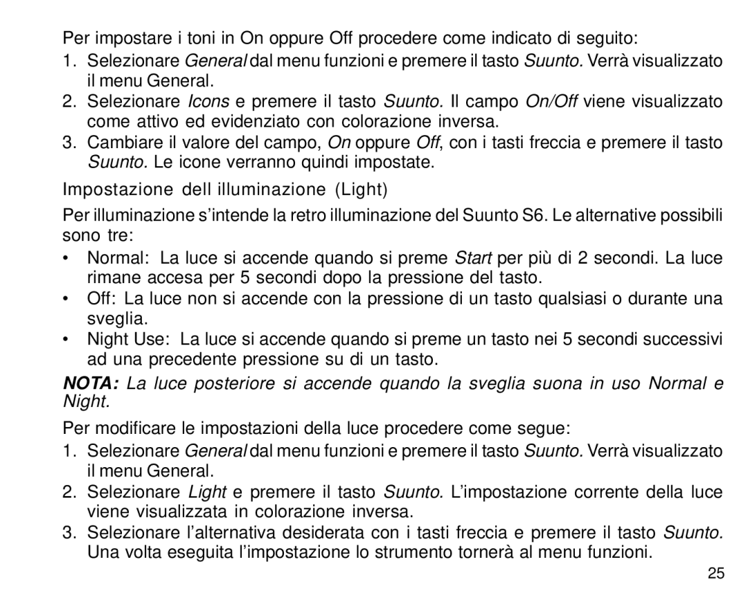 Suunto S6 manual Impostazione dell’illuminazione Light 