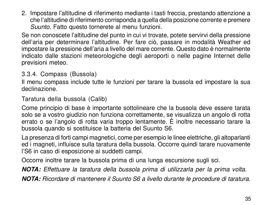 Suunto S6 manual Compass Bussola, Taratura della bussola Calib 