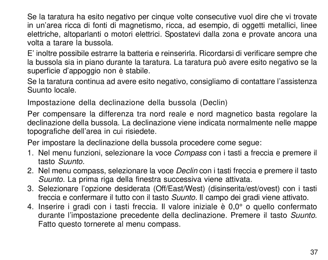 Suunto S6 manual Impostazione della declinazione della bussola Declin 