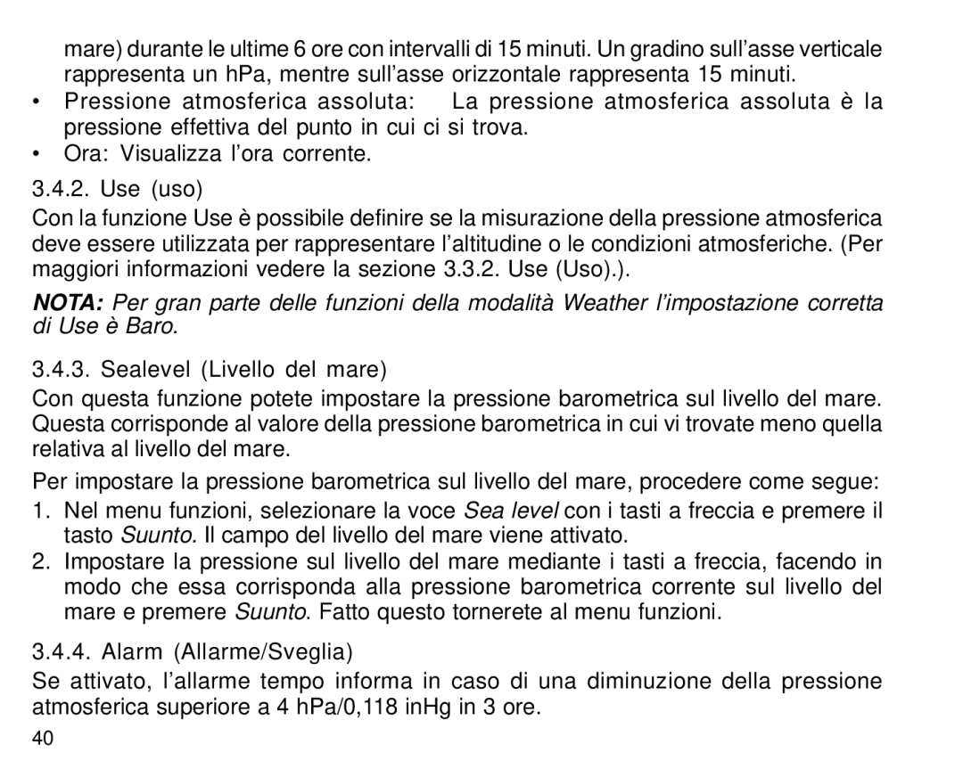 Suunto S6 manual Use uso, Sealevel Livello del mare 