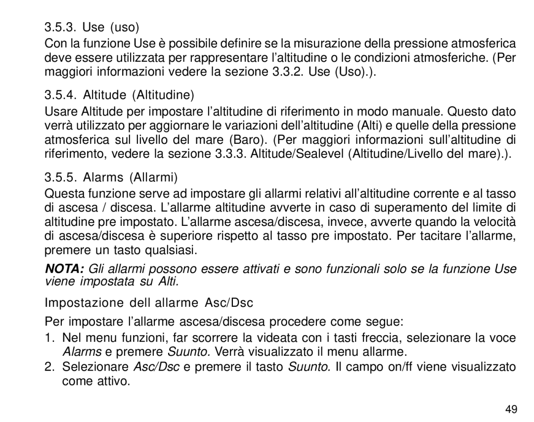 Suunto S6 manual Altitude Altitudine, Alarms Allarmi, Impostazione dell’allarme Asc/Dsc 