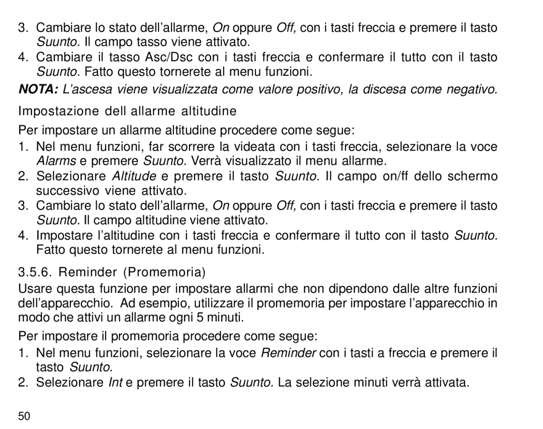 Suunto S6 manual Impostazione dell’allarme altitudine, Reminder Promemoria 