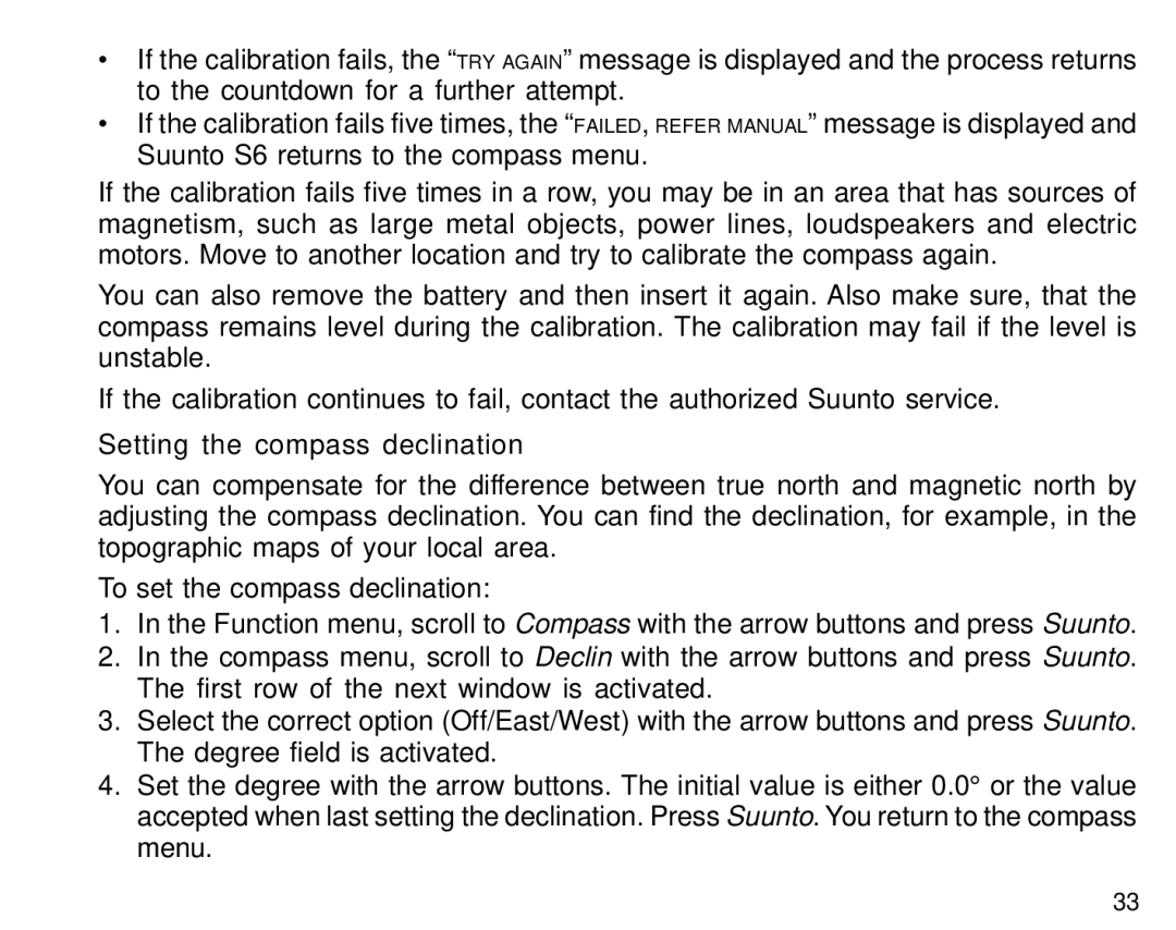 Suunto S6 manual Setting the compass declination 