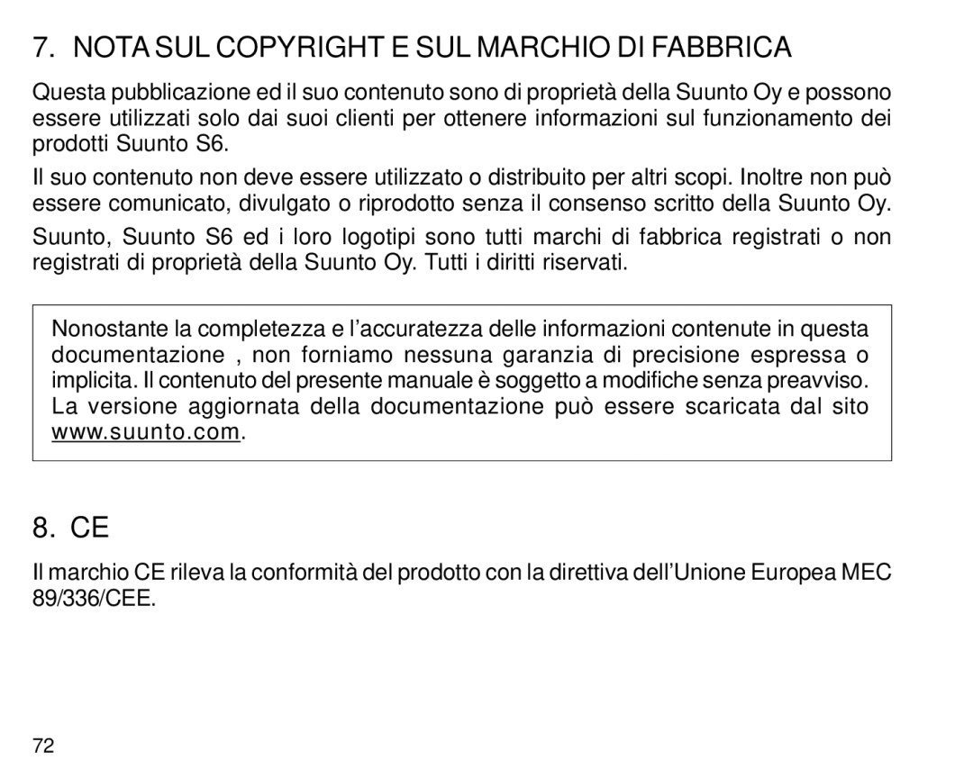 Suunto S6 manual Nota SUL Copyright E SUL Marchio DI Fabbrica 