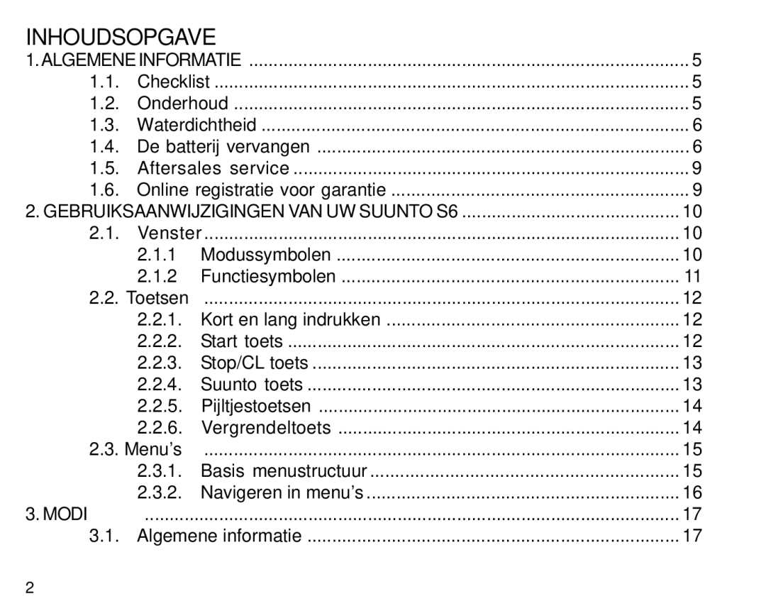 Suunto S6 manual Inhoudsopgave 