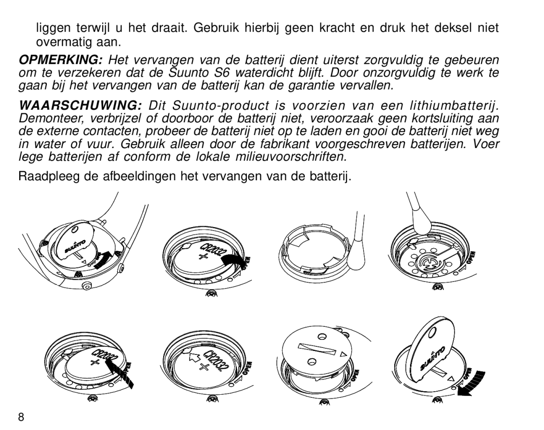 Suunto S6 manual Raadpleeg de afbeeldingen het vervangen van de batterij 