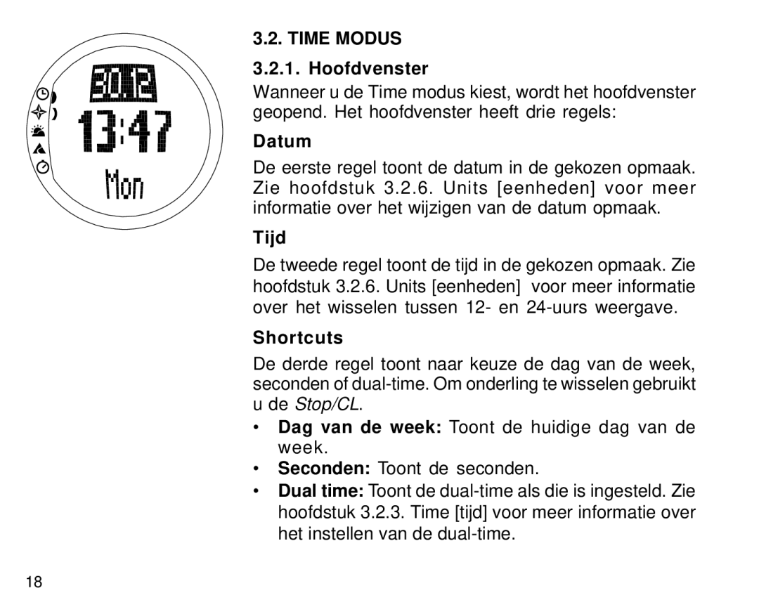 Suunto S6 manual Hoofdvenster, Tijd 