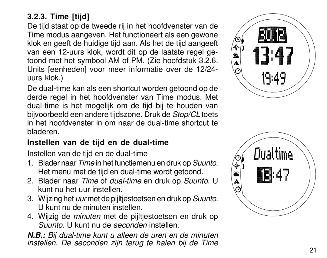 Suunto S6 manual Time tijd, Instellen van de tijd en de dual-time 