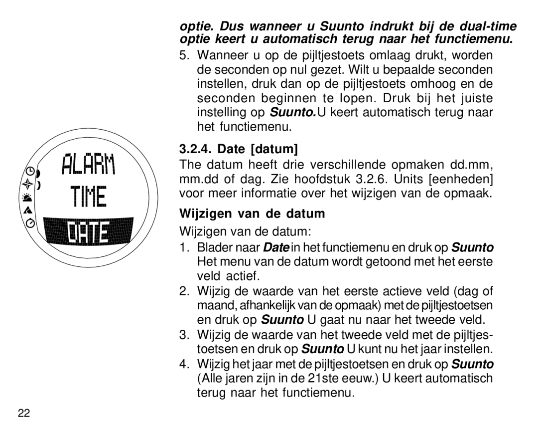 Suunto S6 manual Date datum, Wijzigen van de datum 