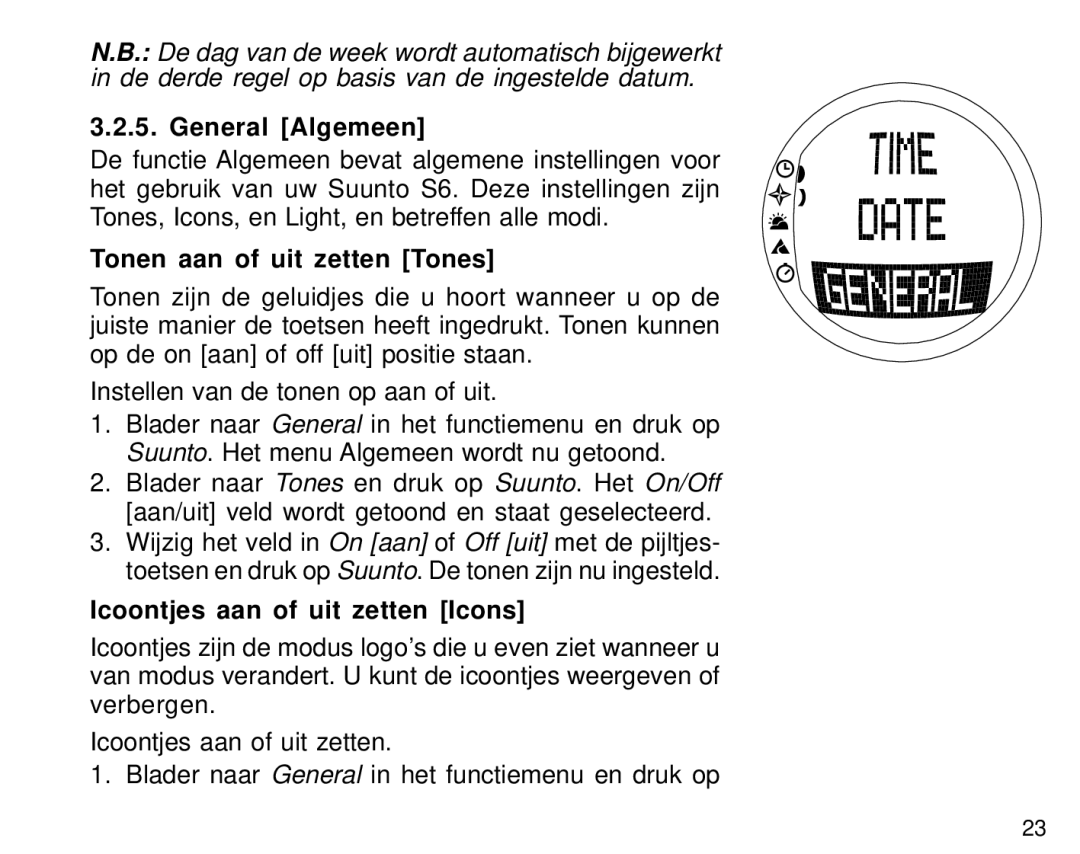 Suunto S6 manual General Algemeen, Tonen aan of uit zetten Tones, Icoontjes aan of uit zetten Icons 