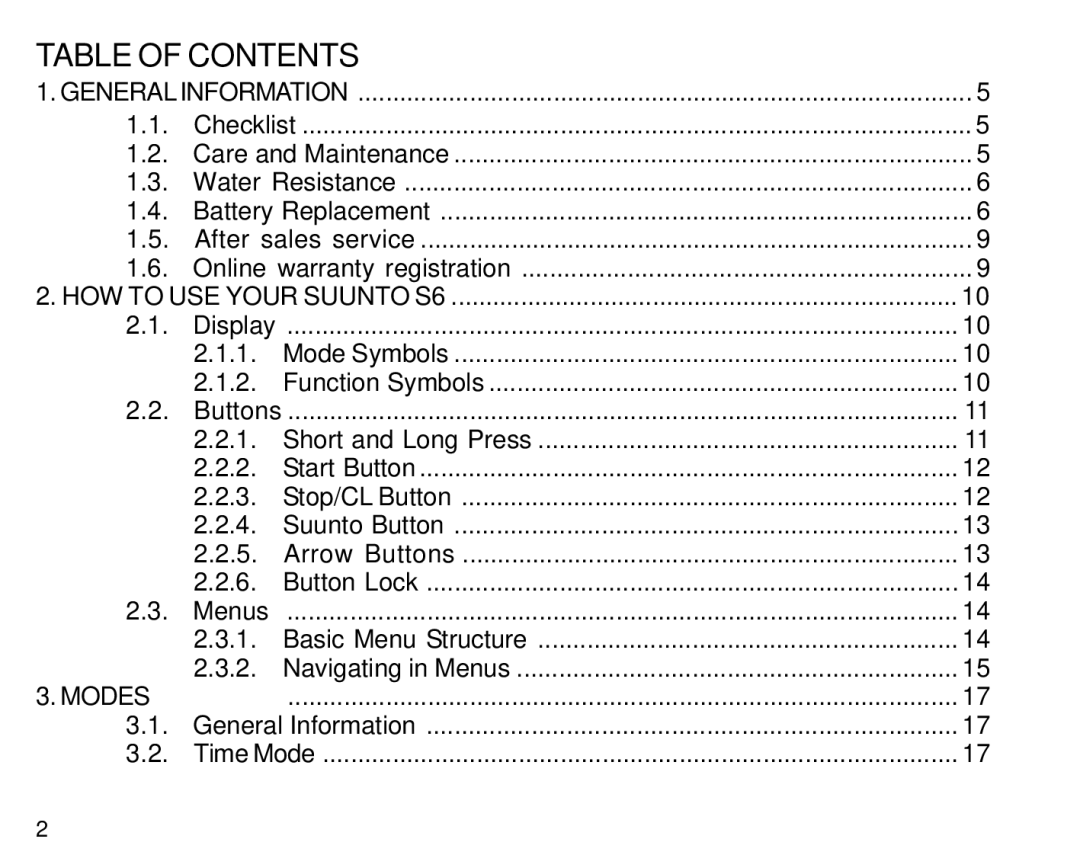 Suunto S6 manual Table of Contents 