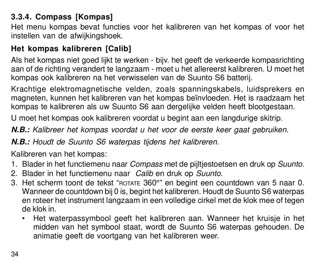 Suunto S6 manual Compass Kompas, Het kompas kalibreren Calib 