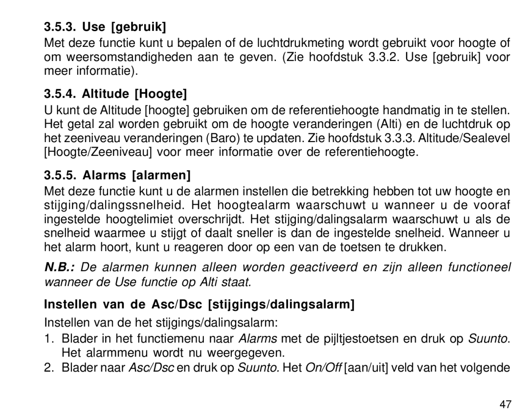 Suunto S6 manual Altitude Hoogte, Alarms alarmen, Instellen van de Asc/Dsc stijgings/dalingsalarm 