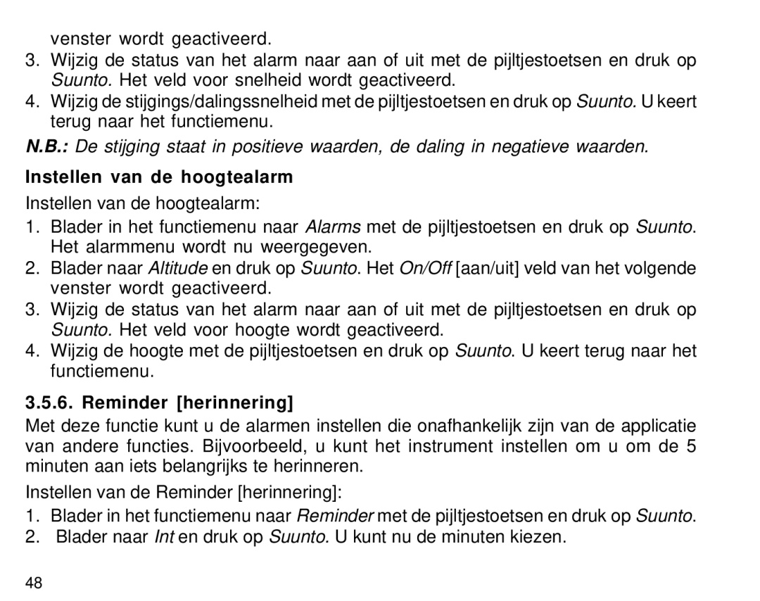 Suunto S6 manual Instellen van de hoogtealarm, Reminder herinnering 