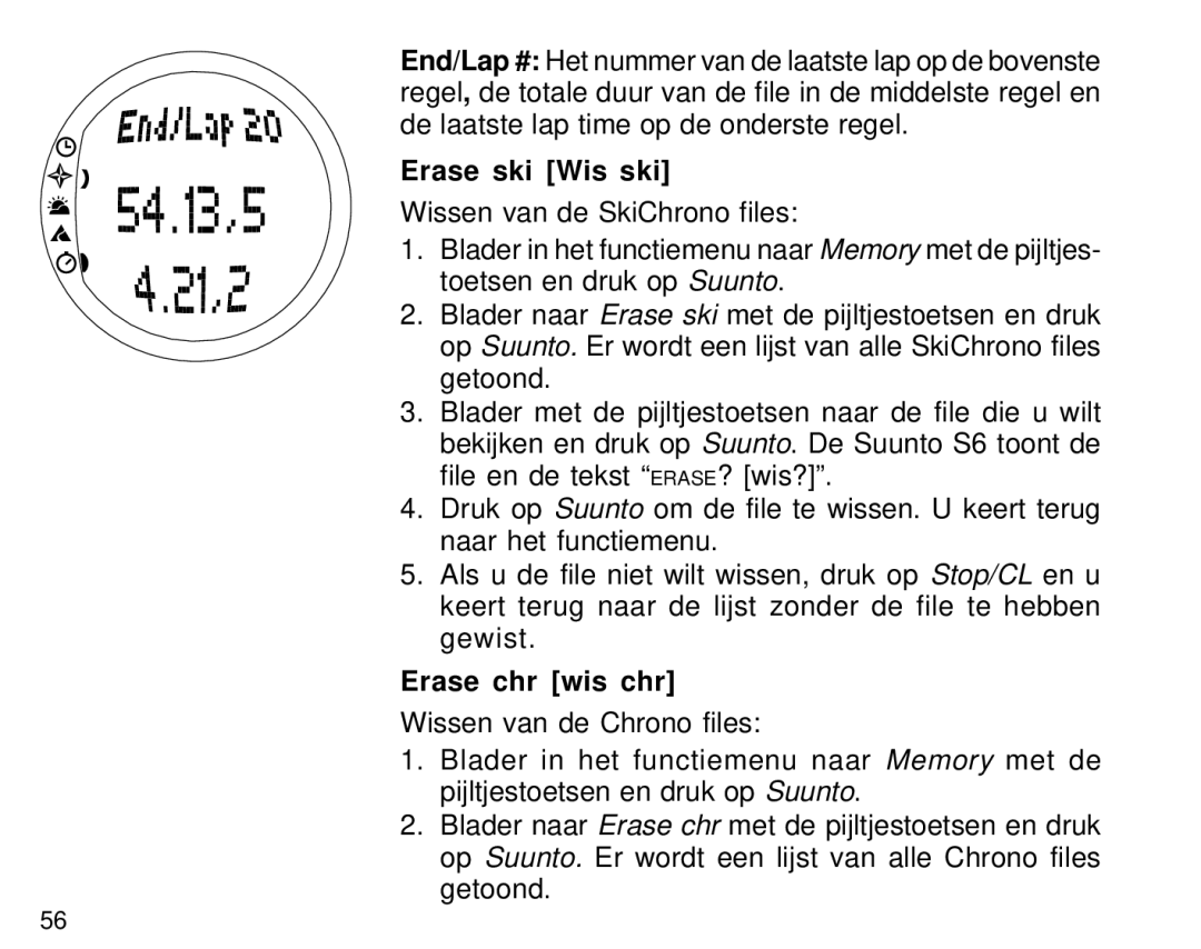 Suunto S6 manual Erase ski Wis ski, Erase chr wis chr 