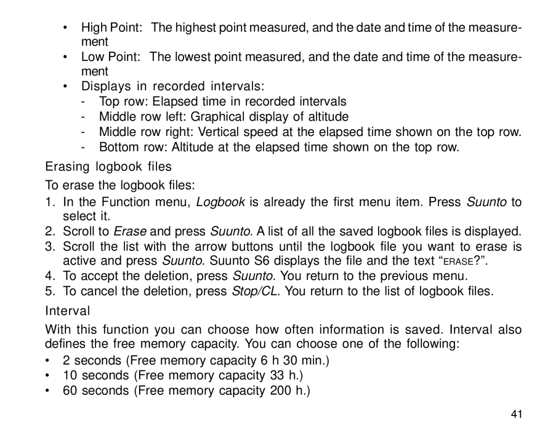 Suunto S6 manual Displays in recorded intervals, Erasing logbook files, Interval 