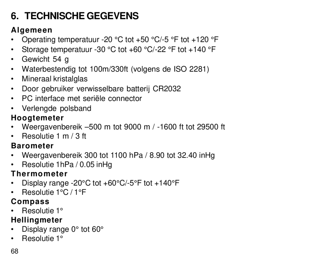 Suunto S6 manual Technische Gegevens, Algemeen, Hoogtemeter, Hellingmeter 