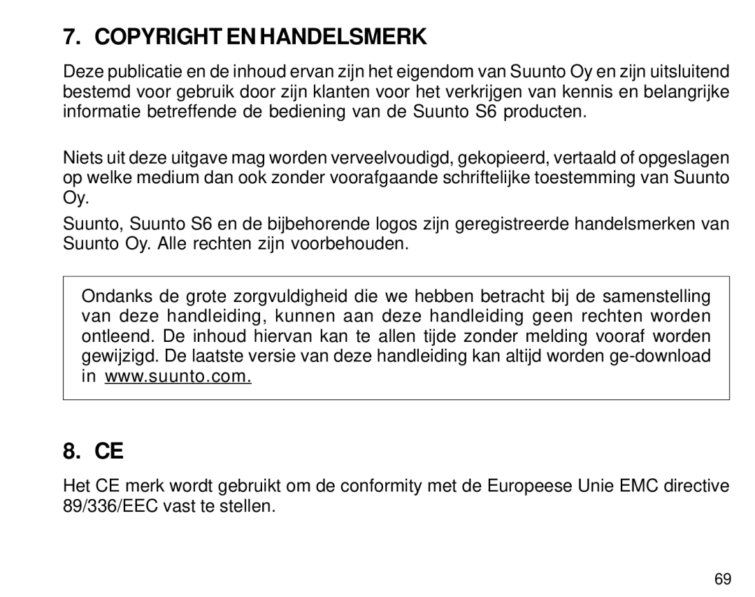 Suunto S6 manual Copyright EN Handelsmerk 