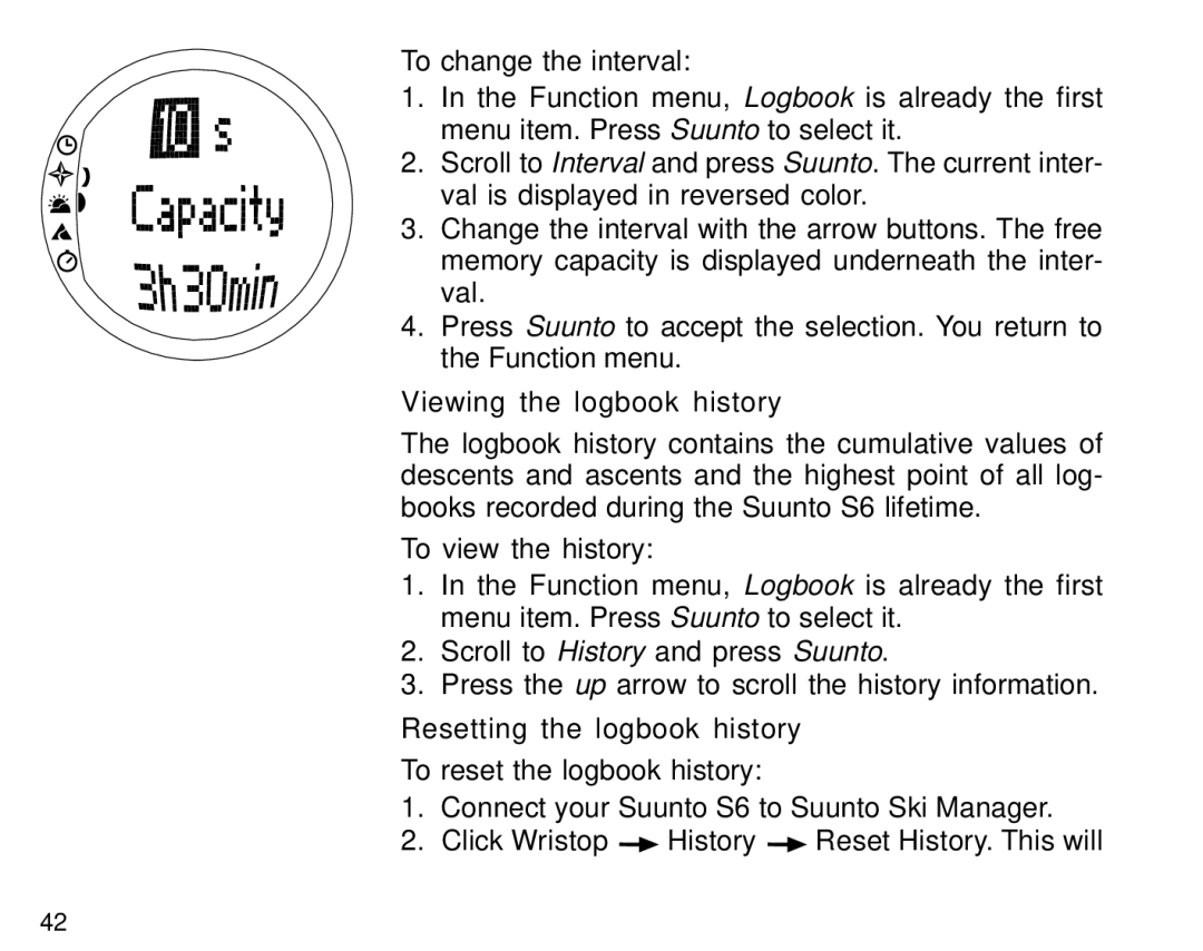 Suunto S6 manual Viewing the logbook history, Resetting the logbook history 