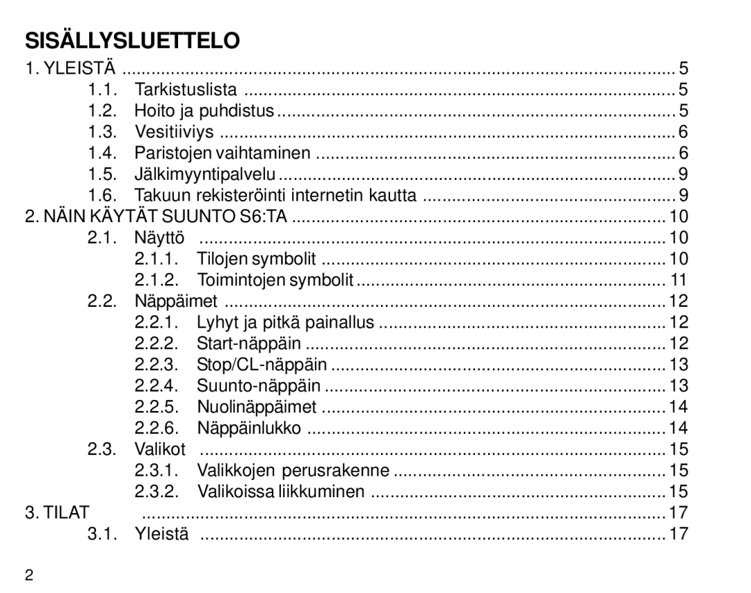 Suunto S6 manual Sisällysluettelo, Yleistä 