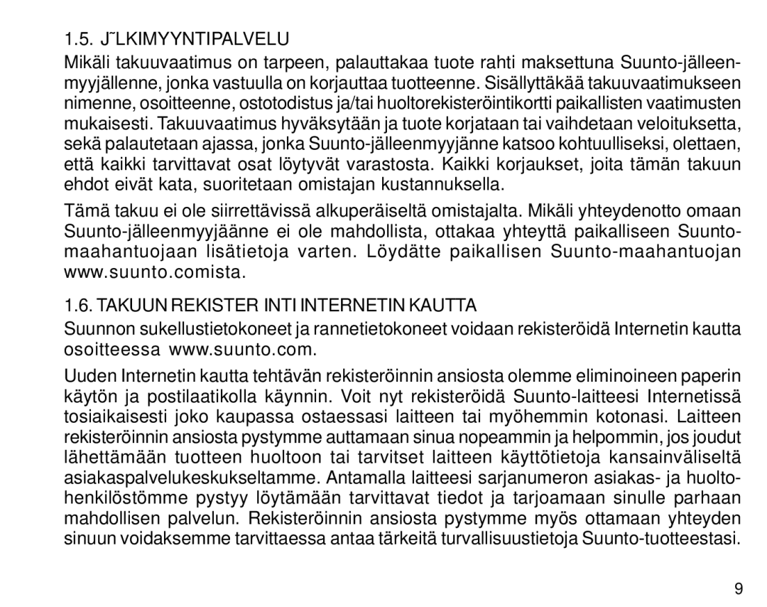 Suunto S6 manual Jälkimyyntipalvelu, Takuun Rekisteröinti Internetin Kautta 