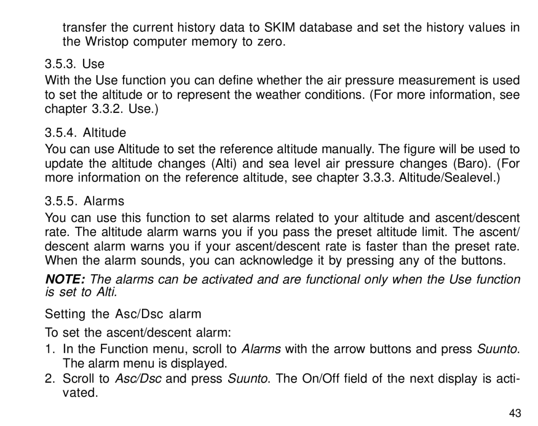 Suunto S6 manual Altitude, Alarms, Setting the Asc/Dsc alarm 