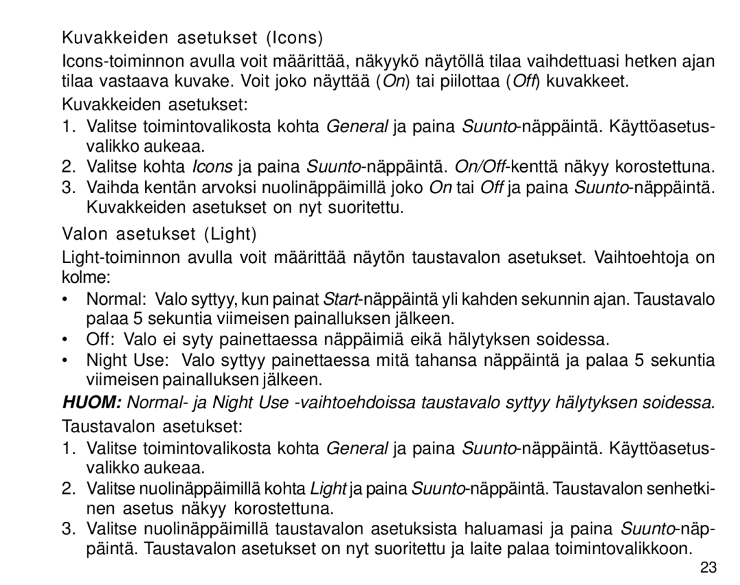Suunto S6 manual Kuvakkeiden asetukset Icons, Valon asetukset Light 